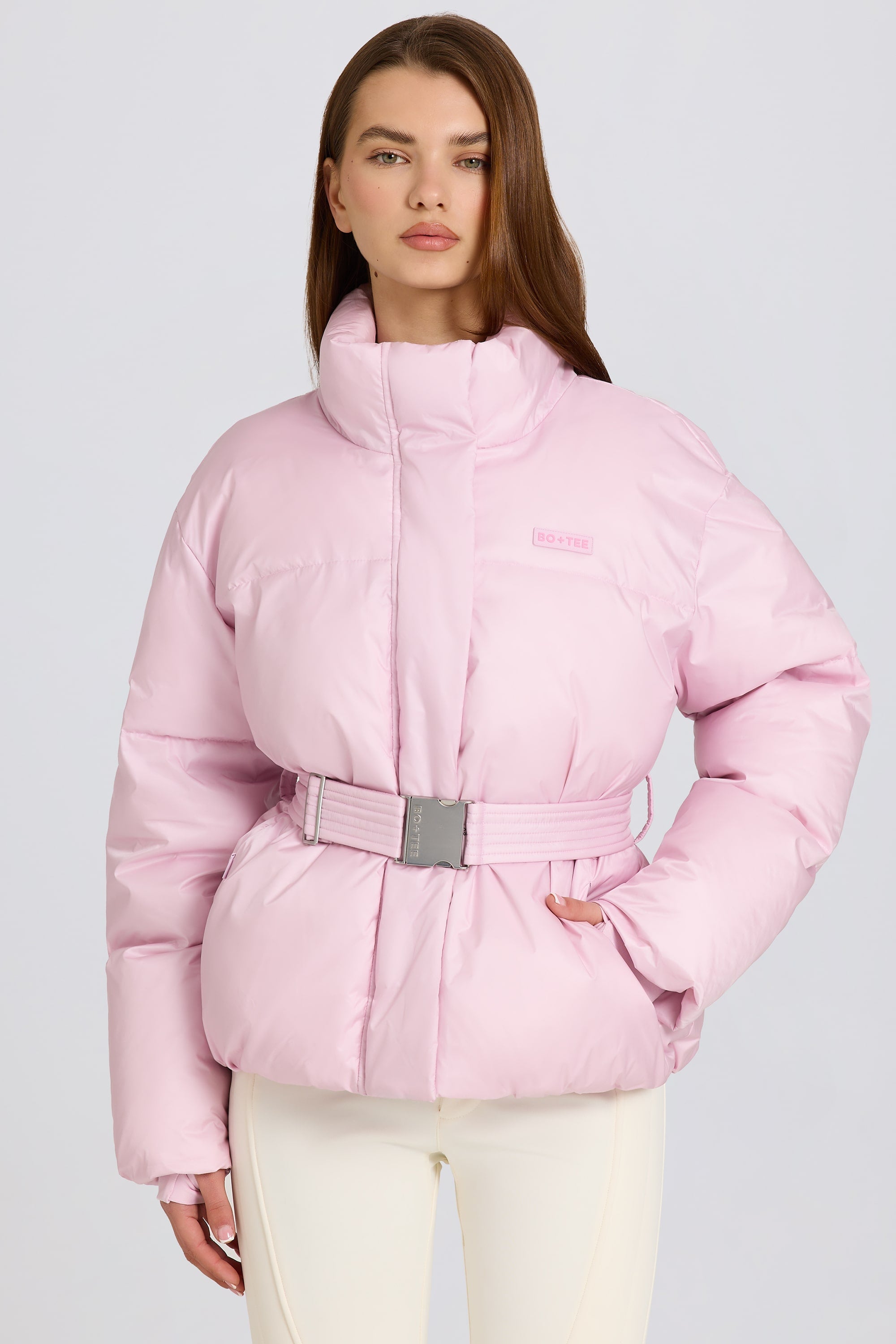 Waterproof Belted Oversized Ski Jacket in Powder Pink