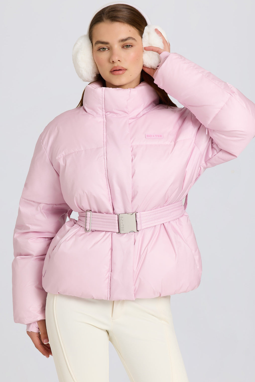 Waterproof Belted Oversized Ski Jacket in Powder Pink