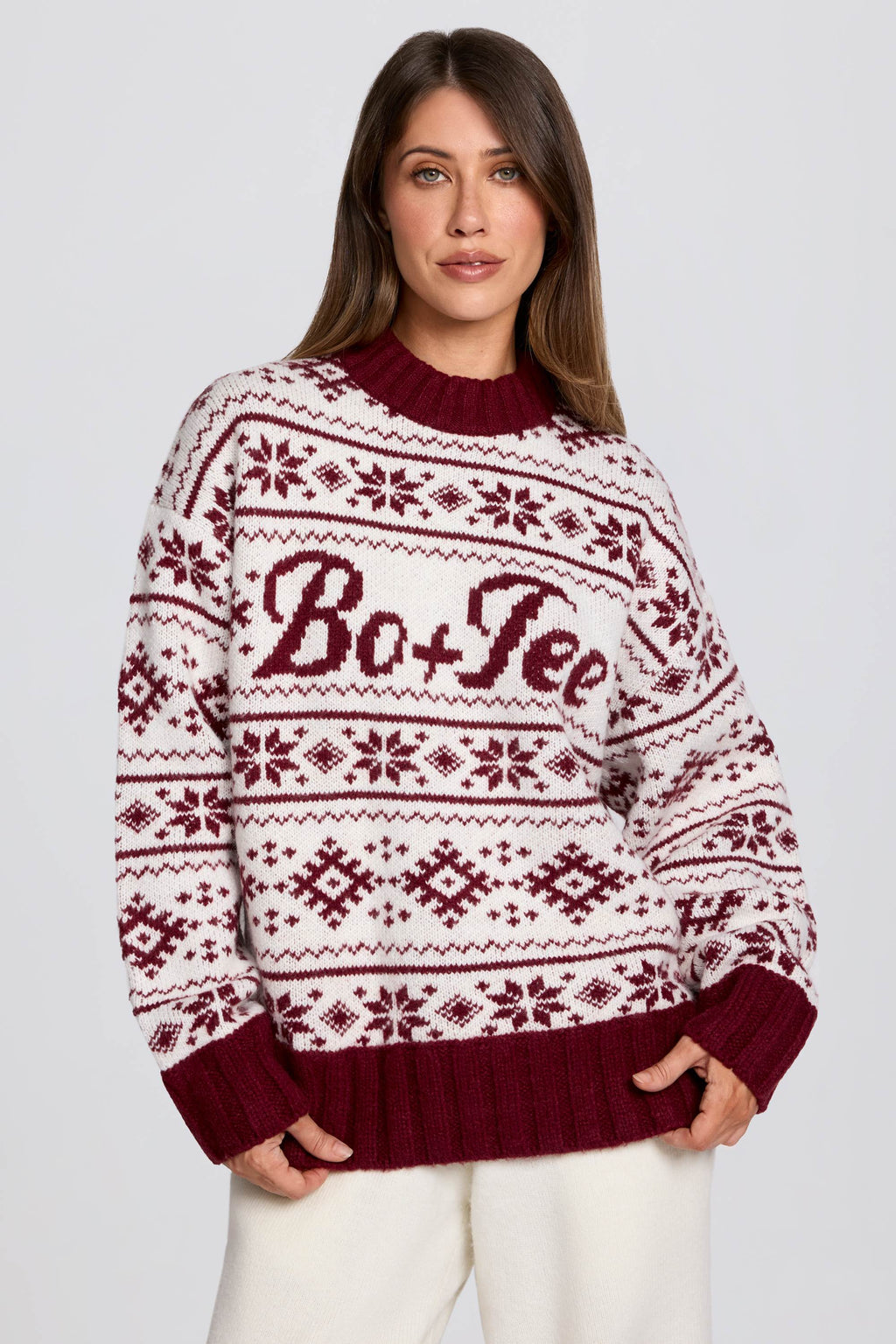 Jacquard-Knit Oversized Jumper in Crimson Red