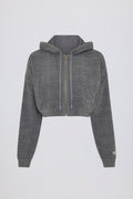 Terry Cotton Zip-Up Cropped Hoodie in Dark Grey