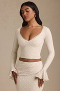 Ruffle Long-Sleeve Lace Top in Ivory