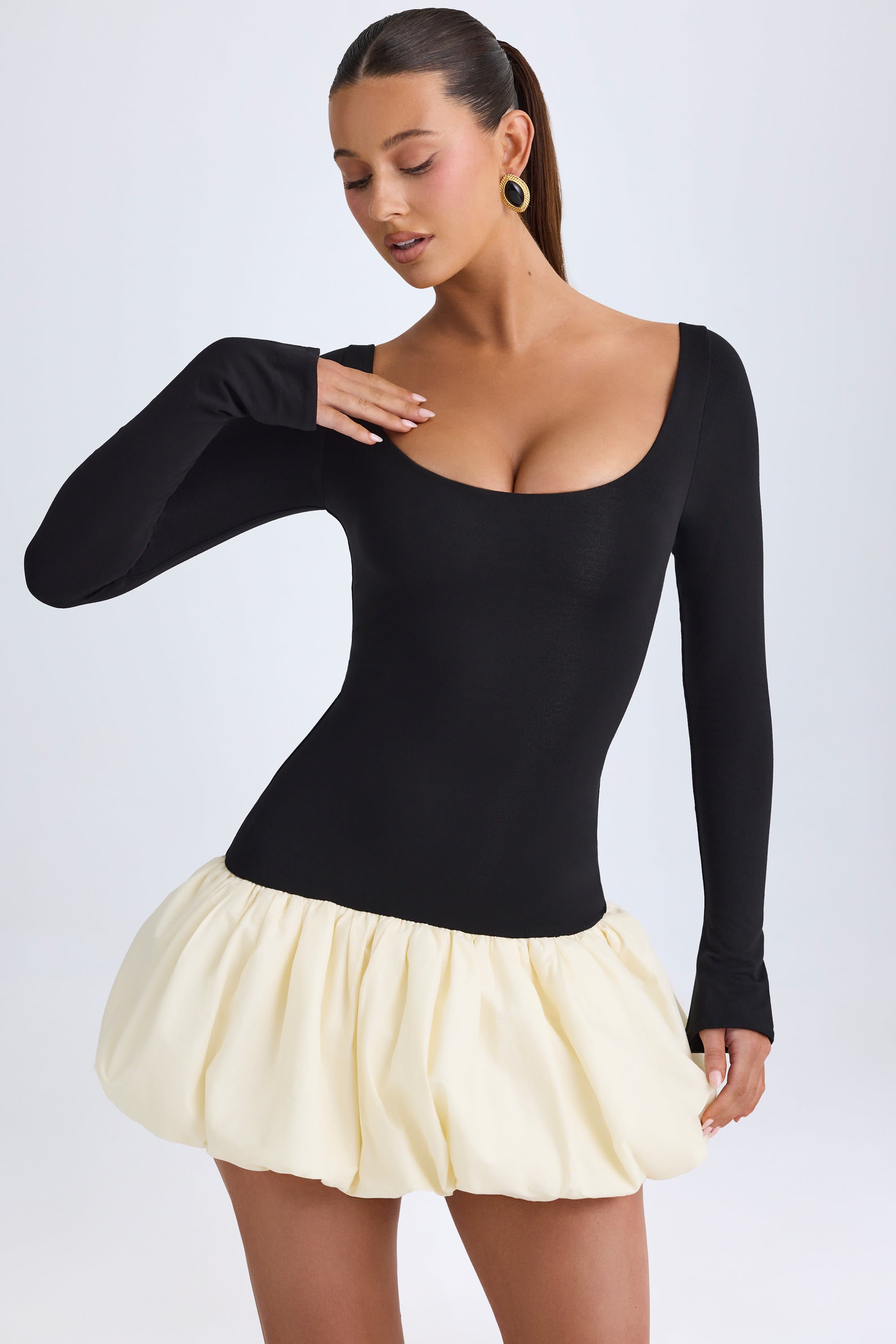 Modal Scoop-Neck Drop-Waist Bubble Hem Mini Dress in Vanilla