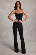 Scoop-Neck Corset Flared Leg Jumpsuit in Black