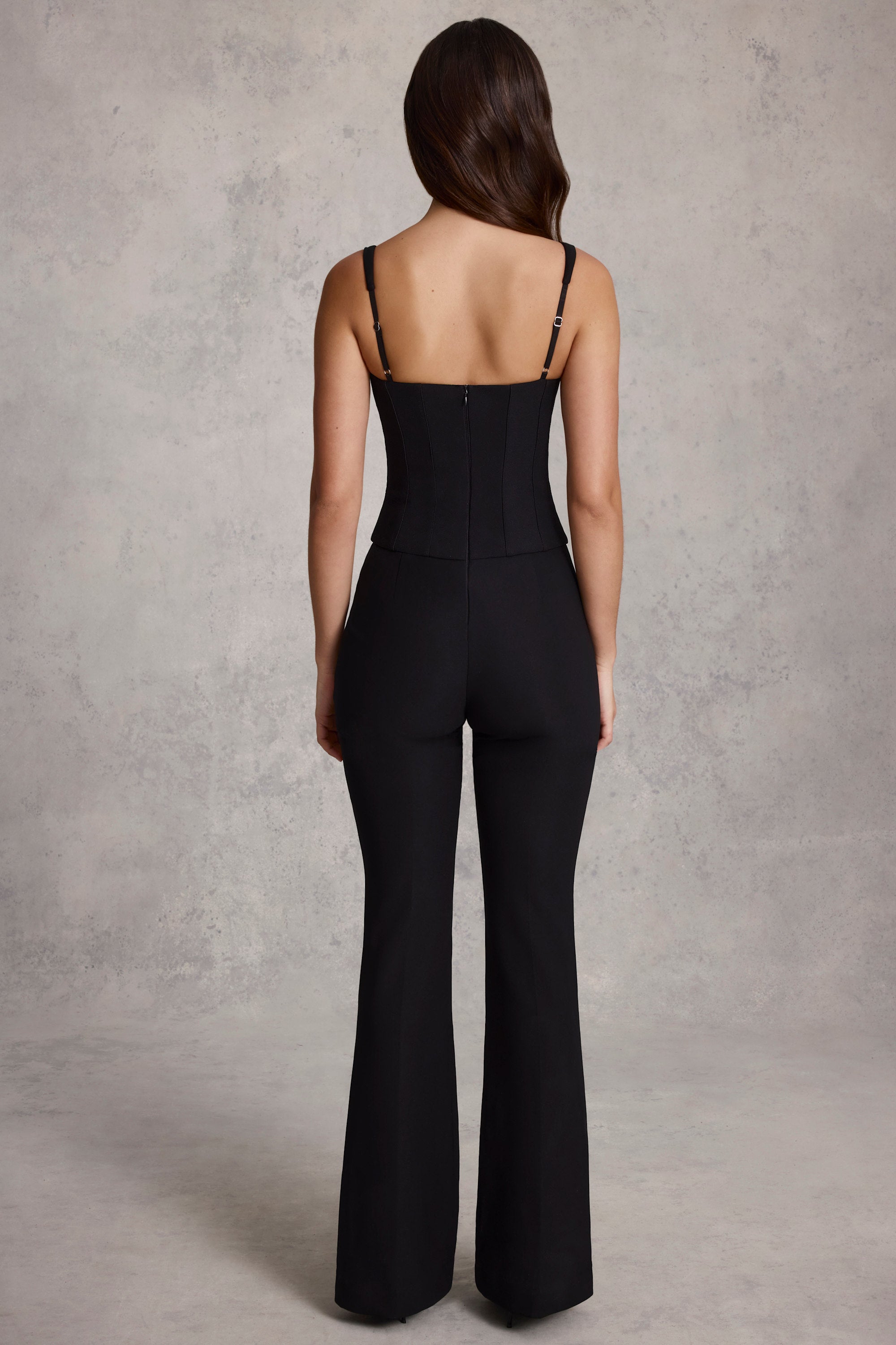 Scoop-Neck Corset Flared Leg Jumpsuit in Black