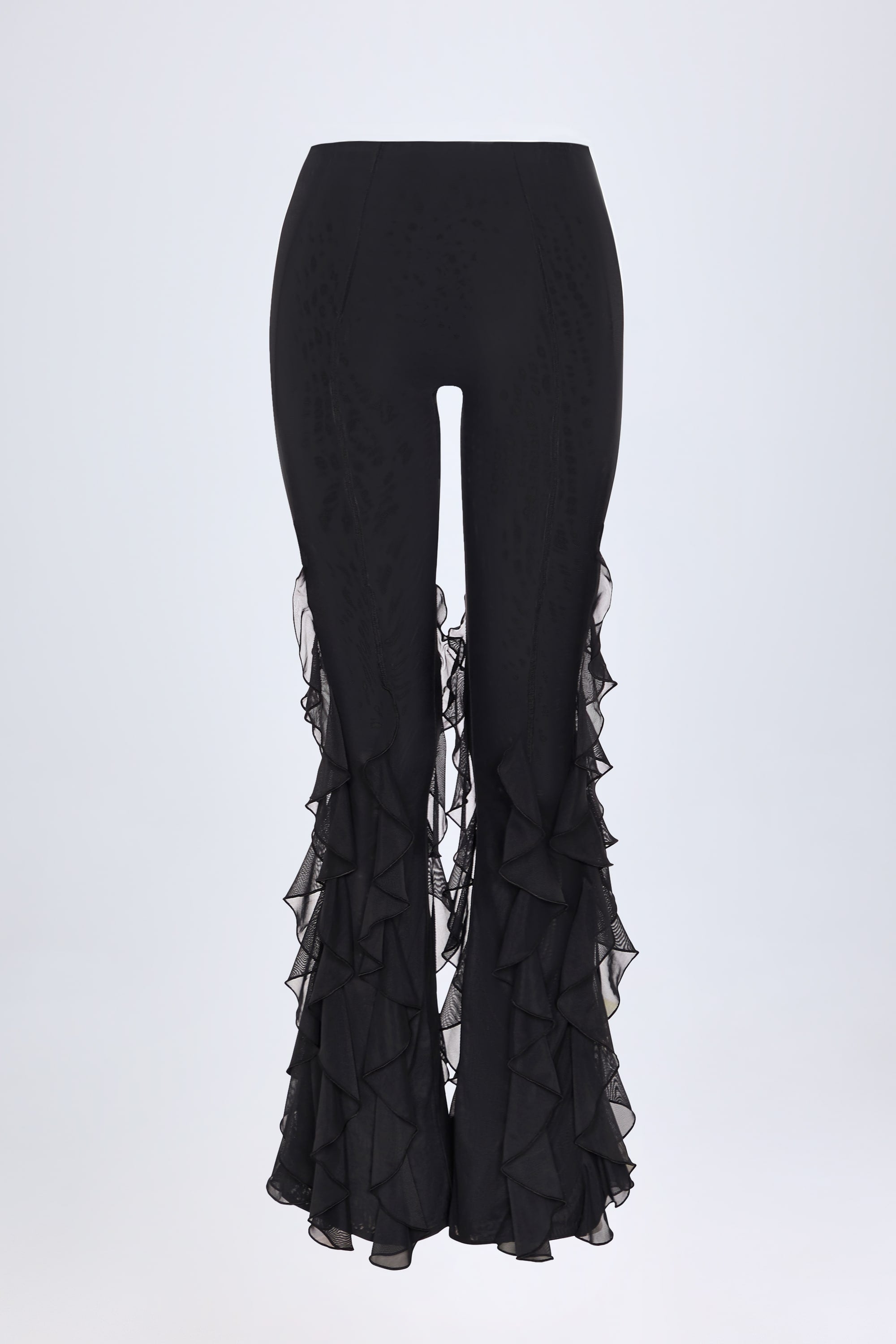 Ruffled Mid-Rise Flared Trousers in Black
