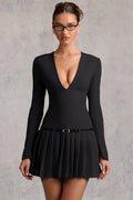 Long-Sleeve Pleated Mini Dress in Black