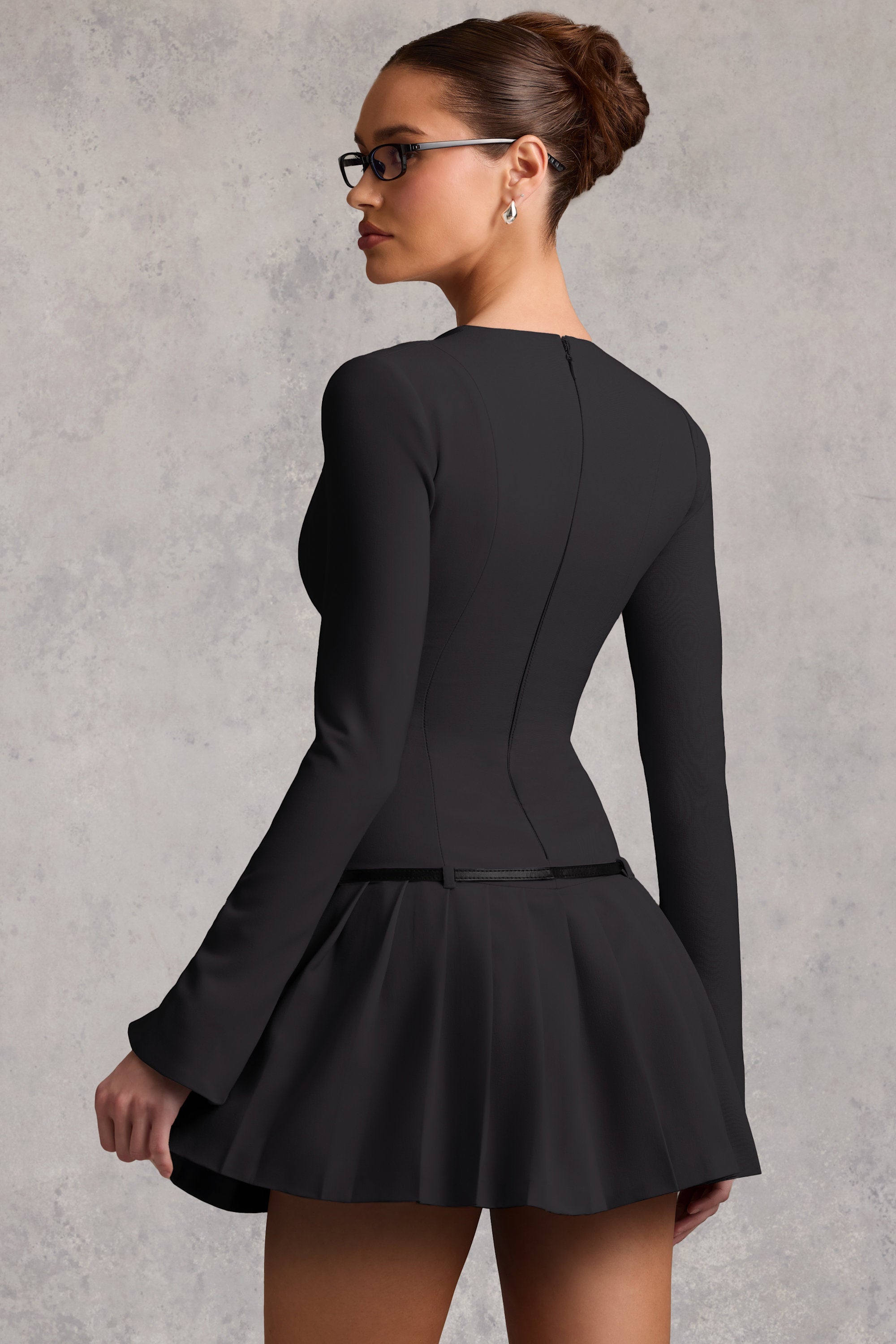 Long-Sleeve Pleated Mini Dress in Black