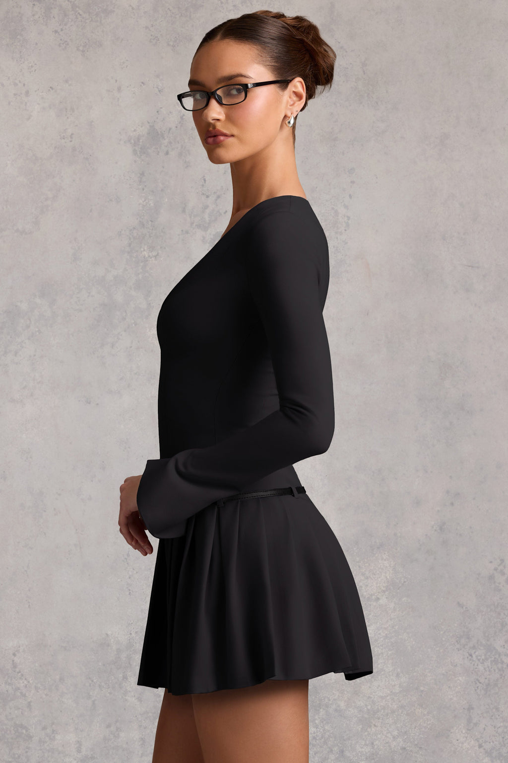 Long-Sleeve Pleated Mini Dress in Black