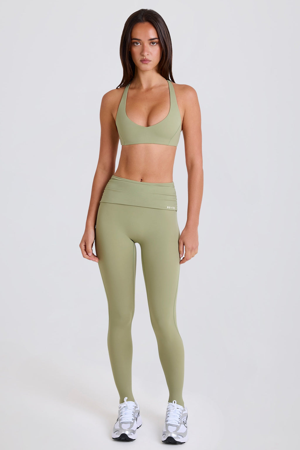 Four-Way Stretch Foldover Mid-Rise Stirrup Leggings in Matcha