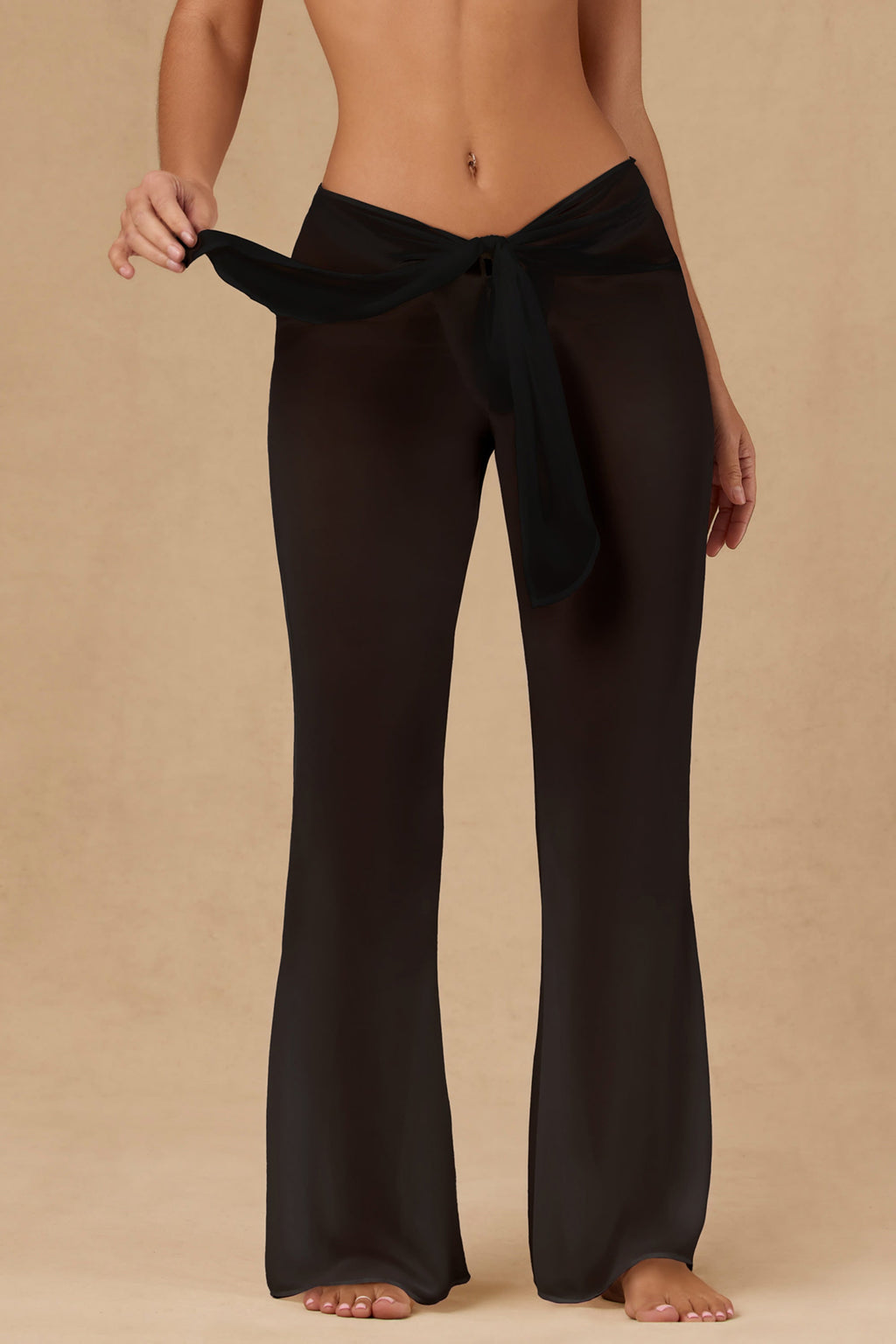 Tie-Front Wide-Leg Trousers in Black