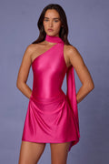 Asymmetric Scarf-Detail Mini Dress in Hot Pink