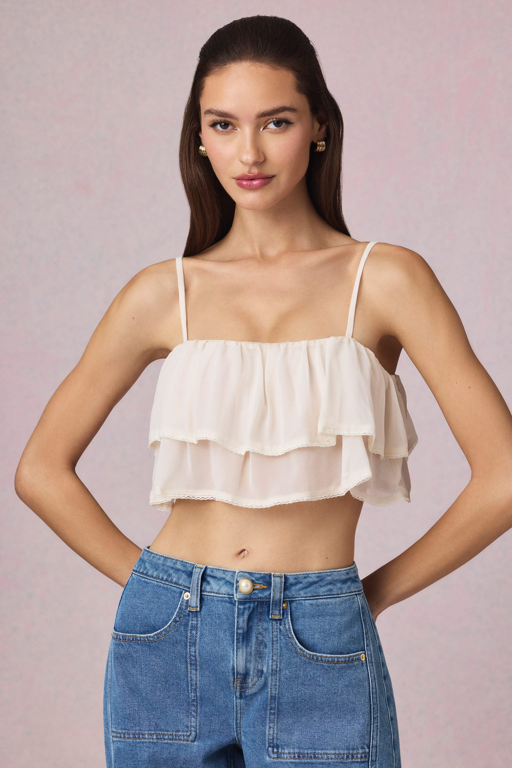 Ruffled Cropped Camisole Top in Ivory