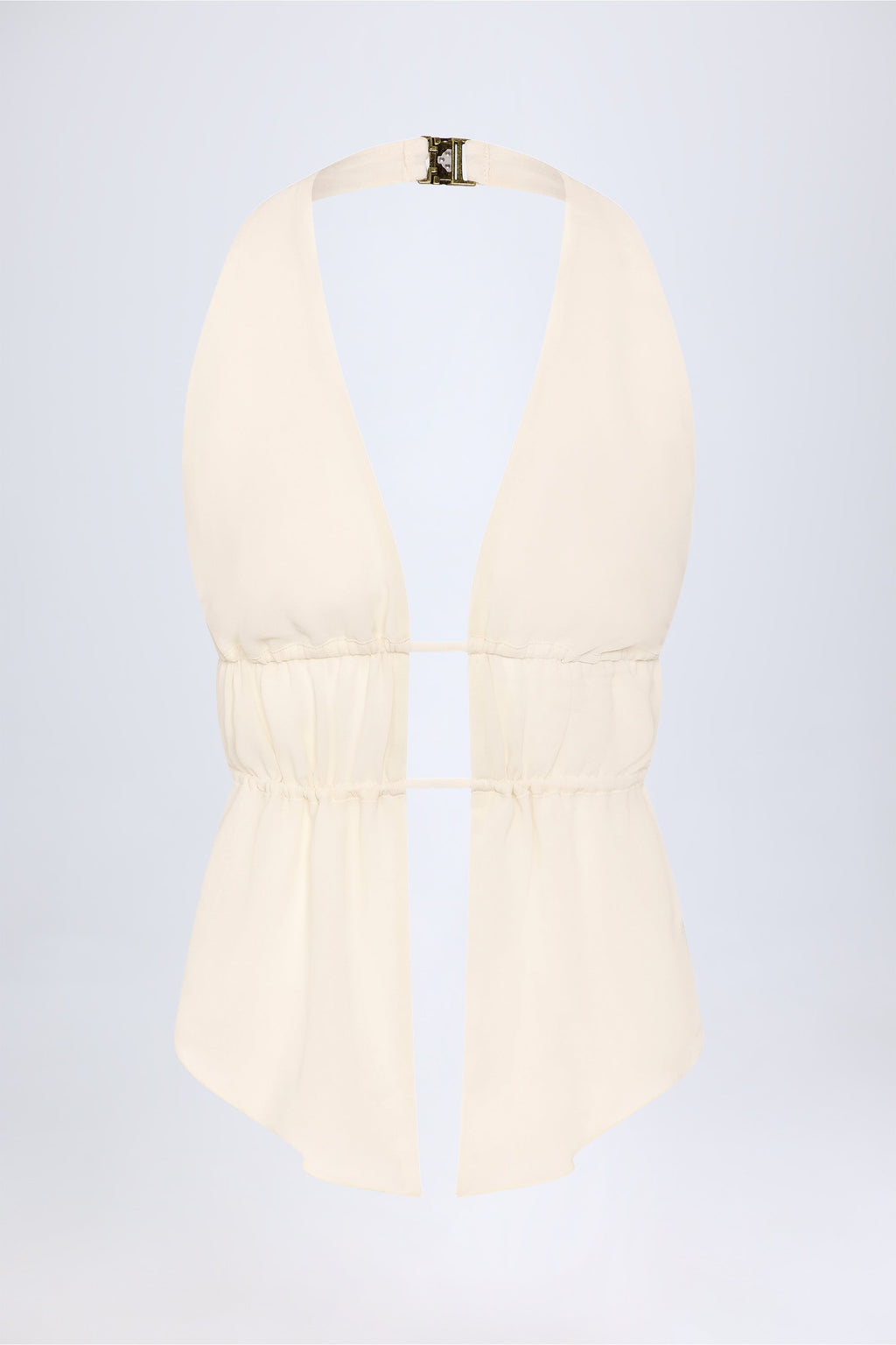 Cut-Out Semi-Sheer Ruched Halterneck Crop Top in Ivory