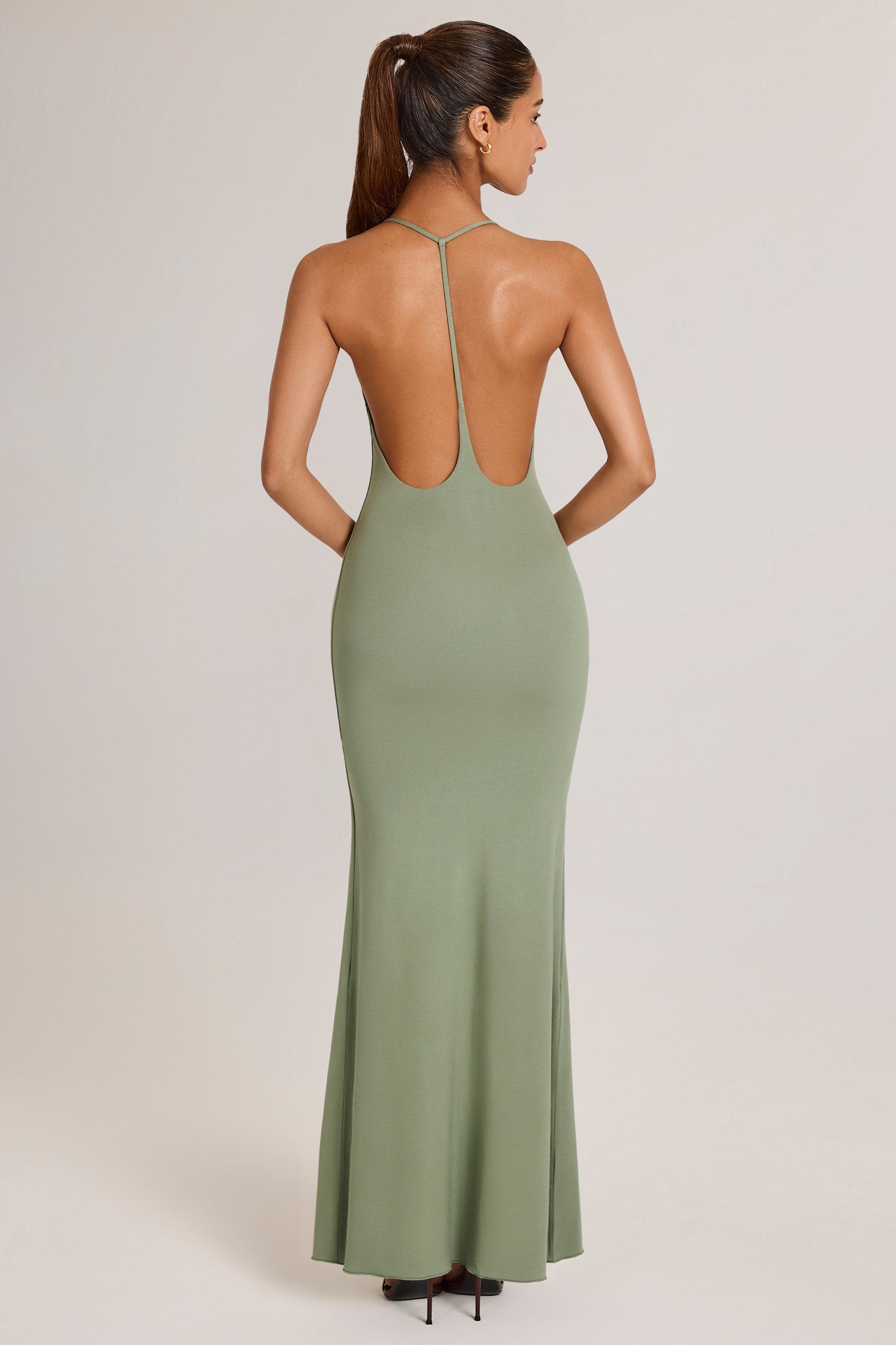 Modal Plunge Backless Maxi Dress in Sage Green