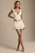 Layered Ruffled Low-Rise Mini Skirt in Ivory