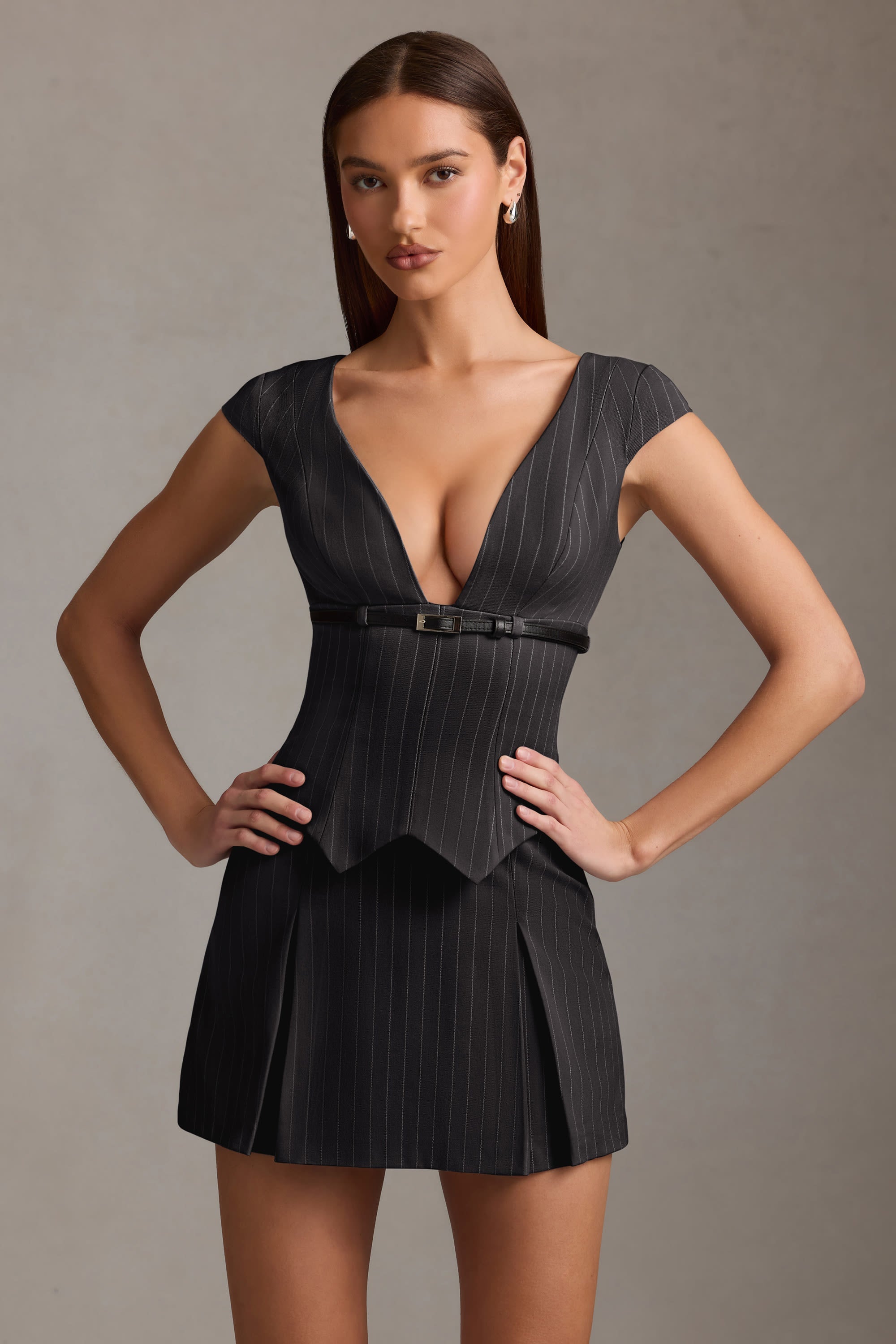 Pinstripe Pleated Waistcoat Mini Dress in Black