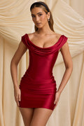 Satin Off-Shoulder Draped Mini Dress in True Red