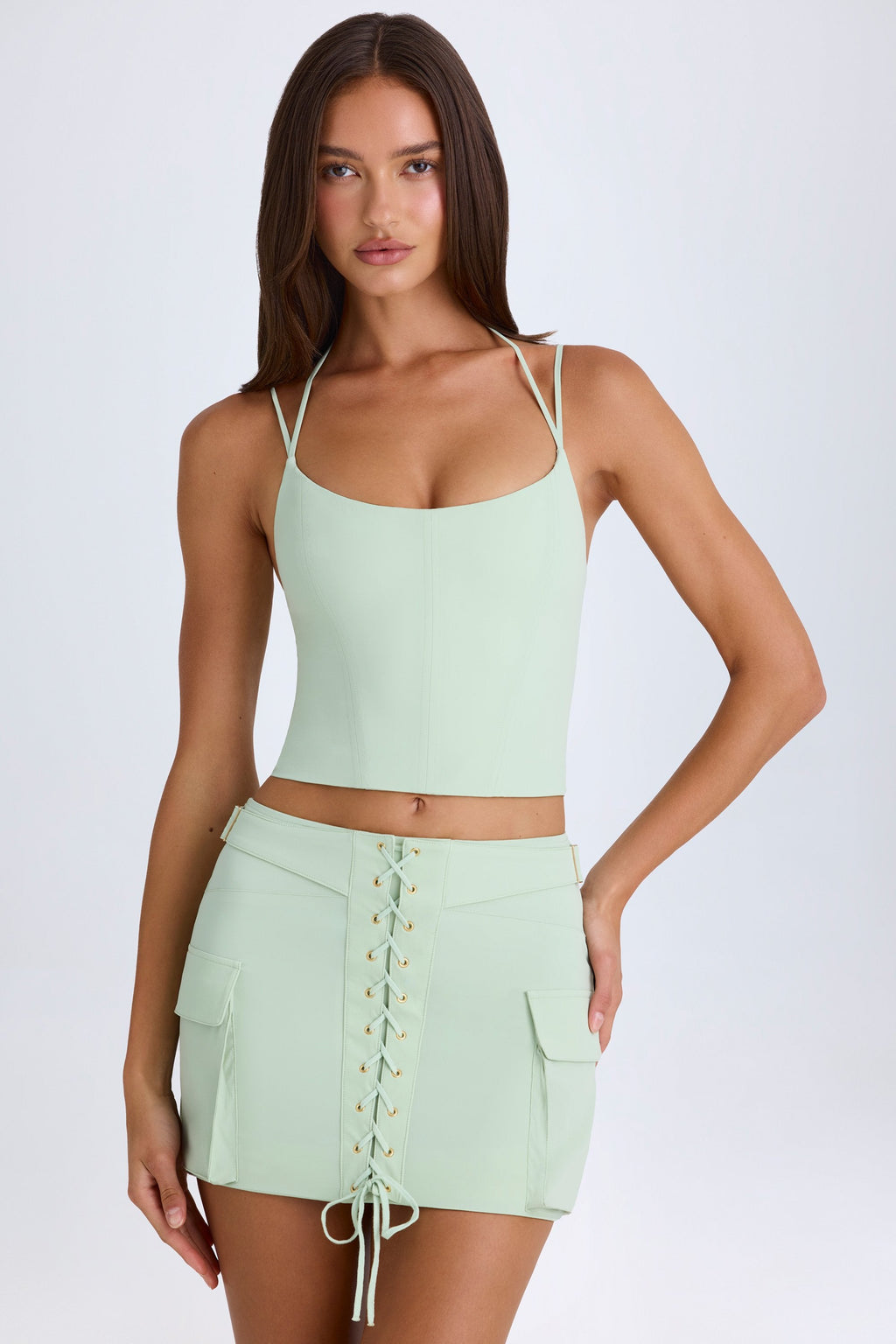 Lace-Up Cargo Micro Mini Skirt in Green