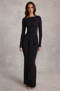 Soft Jersey Boat-Neck Tie-Gather Maxi Dress in Black