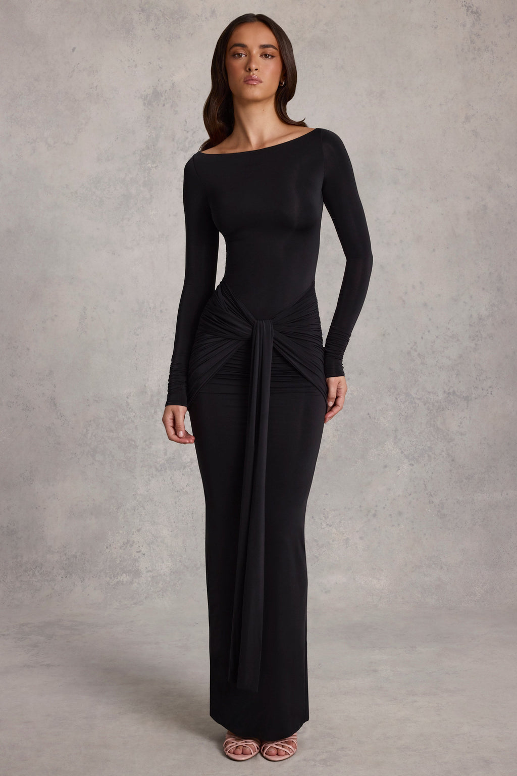 Soft Jersey Boat-Neck Tie-Gather Maxi Dress in Black