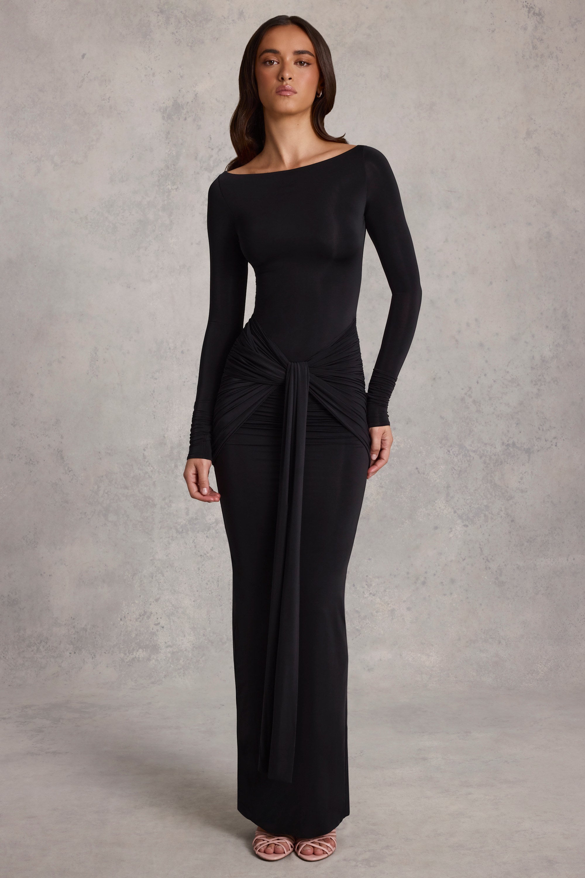 Soft Jersey Boat-Neck Tie-Gather Maxi Dress in Black