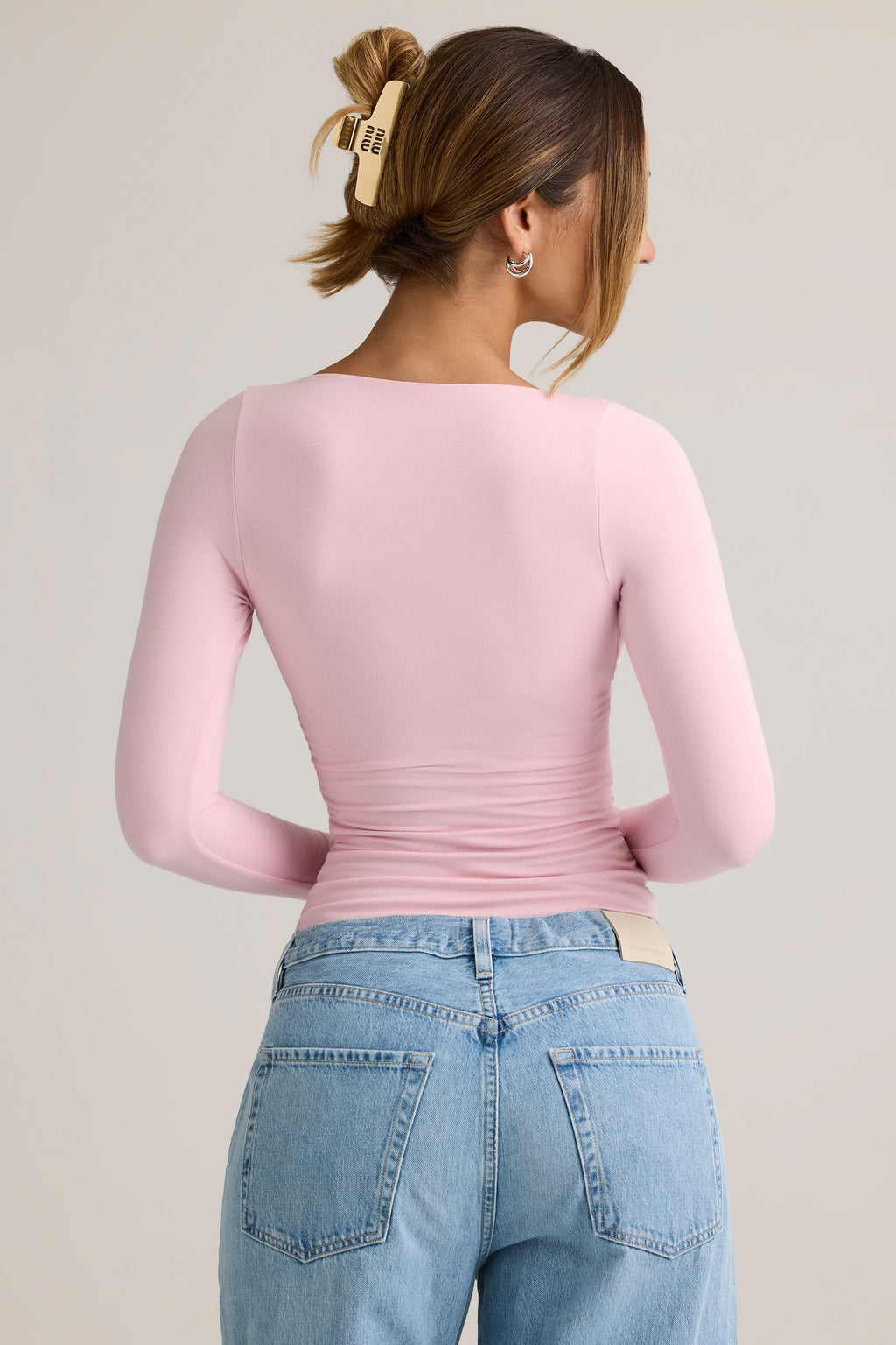 Modal Ruched Long-Sleeve Top in Baby Pink