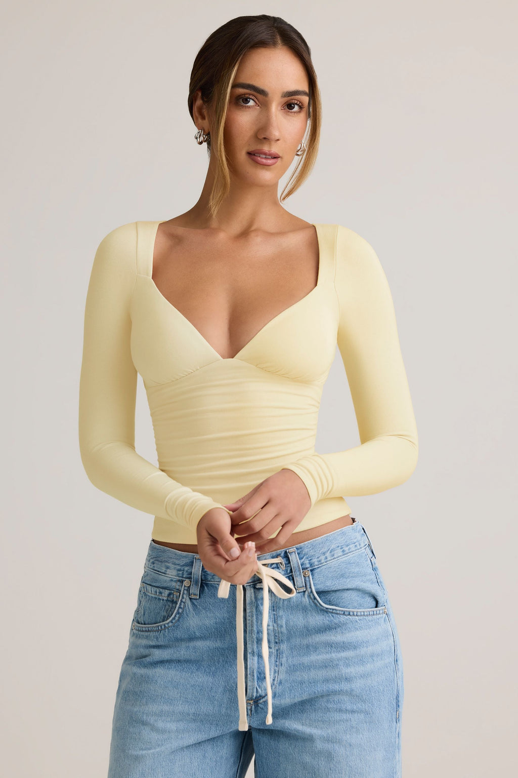 Modal Ruched Long-Sleeve Top in Buttercream Yellow