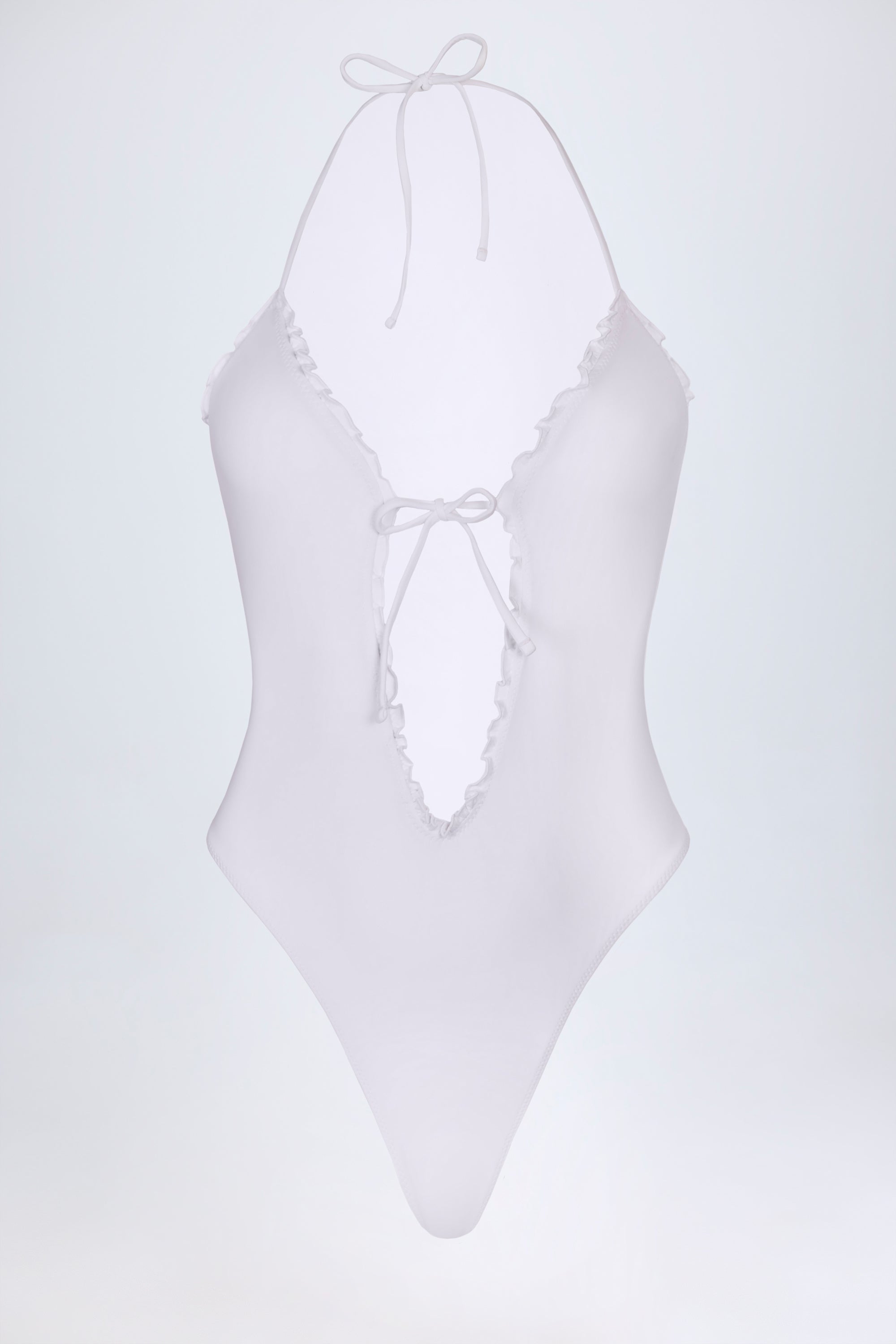 Ruffled Cut-Out Halterneck Swimsuit in White