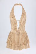 Ruffled Plunge Halterneck Playsuit in Tan Print