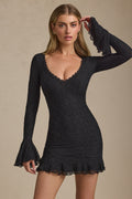 Long-Sleeve Ruffled Lace Mini Dress in Black