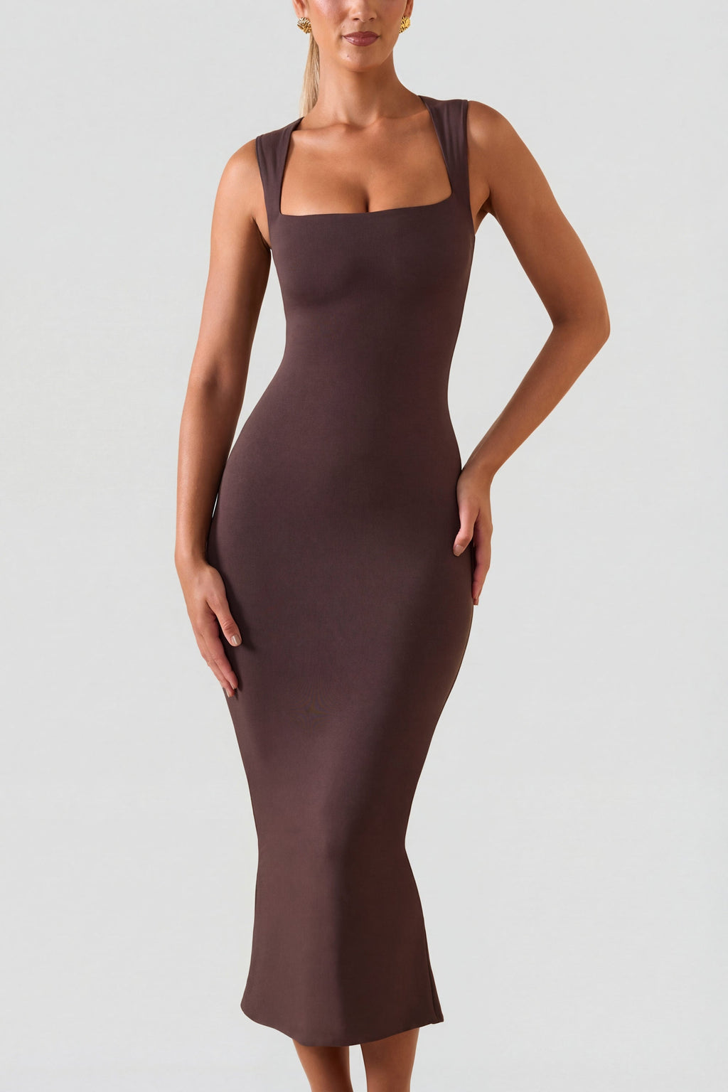 Square Neck Midi Dress in Chocolate Brown