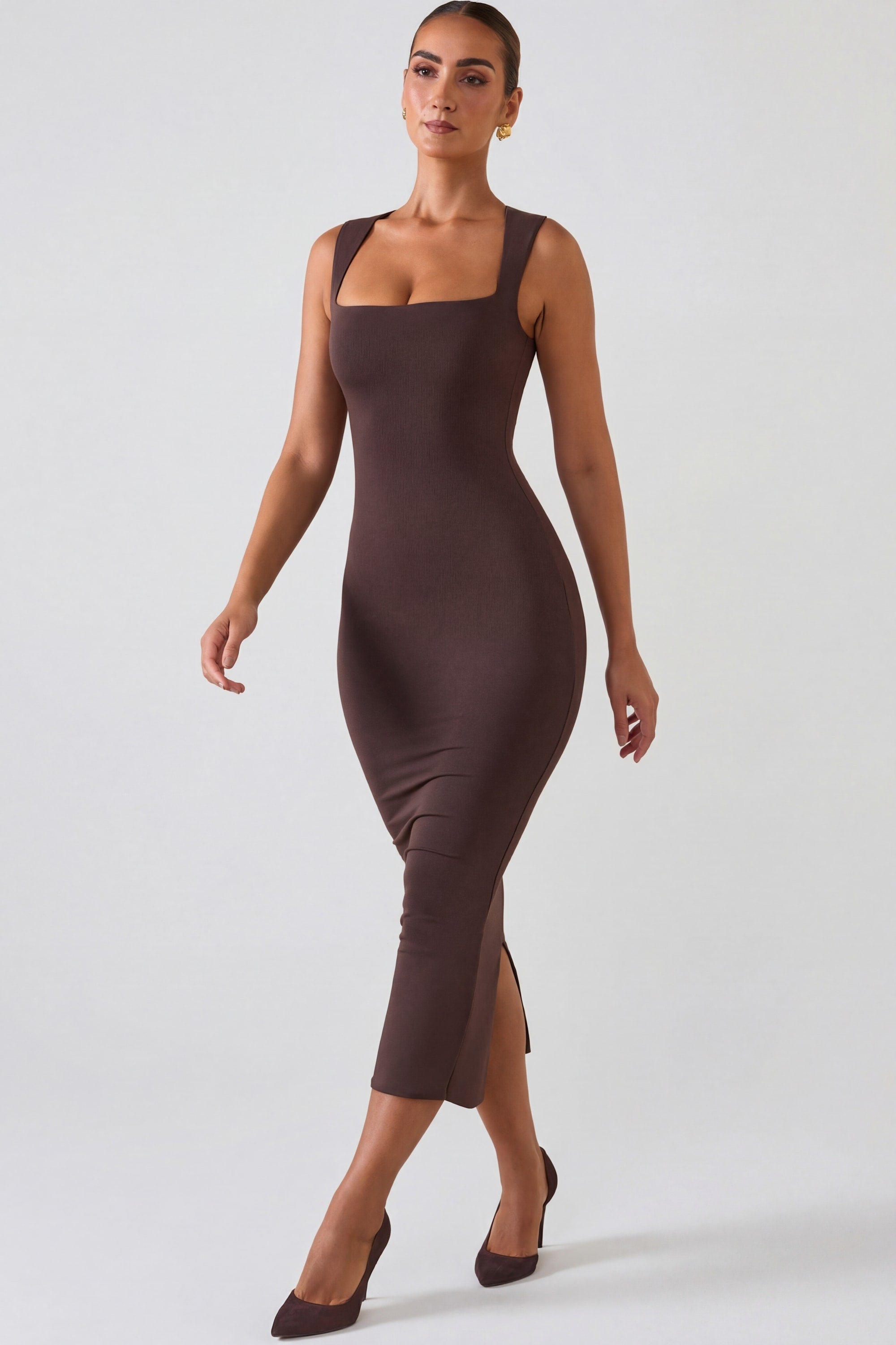 Square Neck Midi Dress in Chocolate Brown