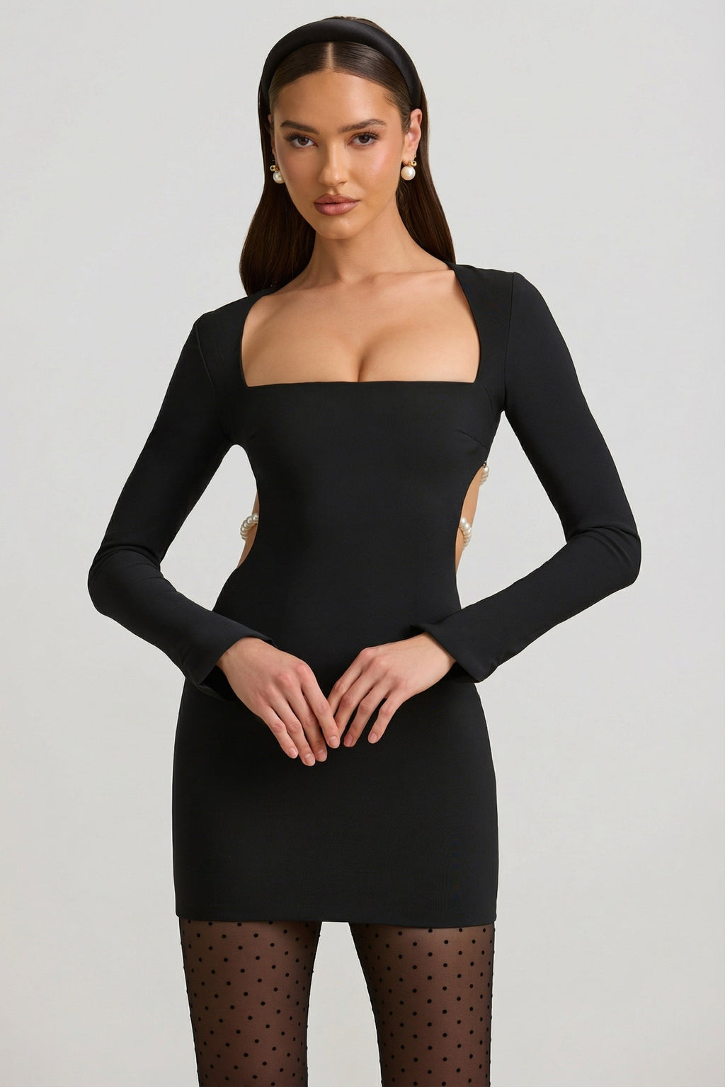 Pearl-Detail Cut-Out Mini Dress in Black