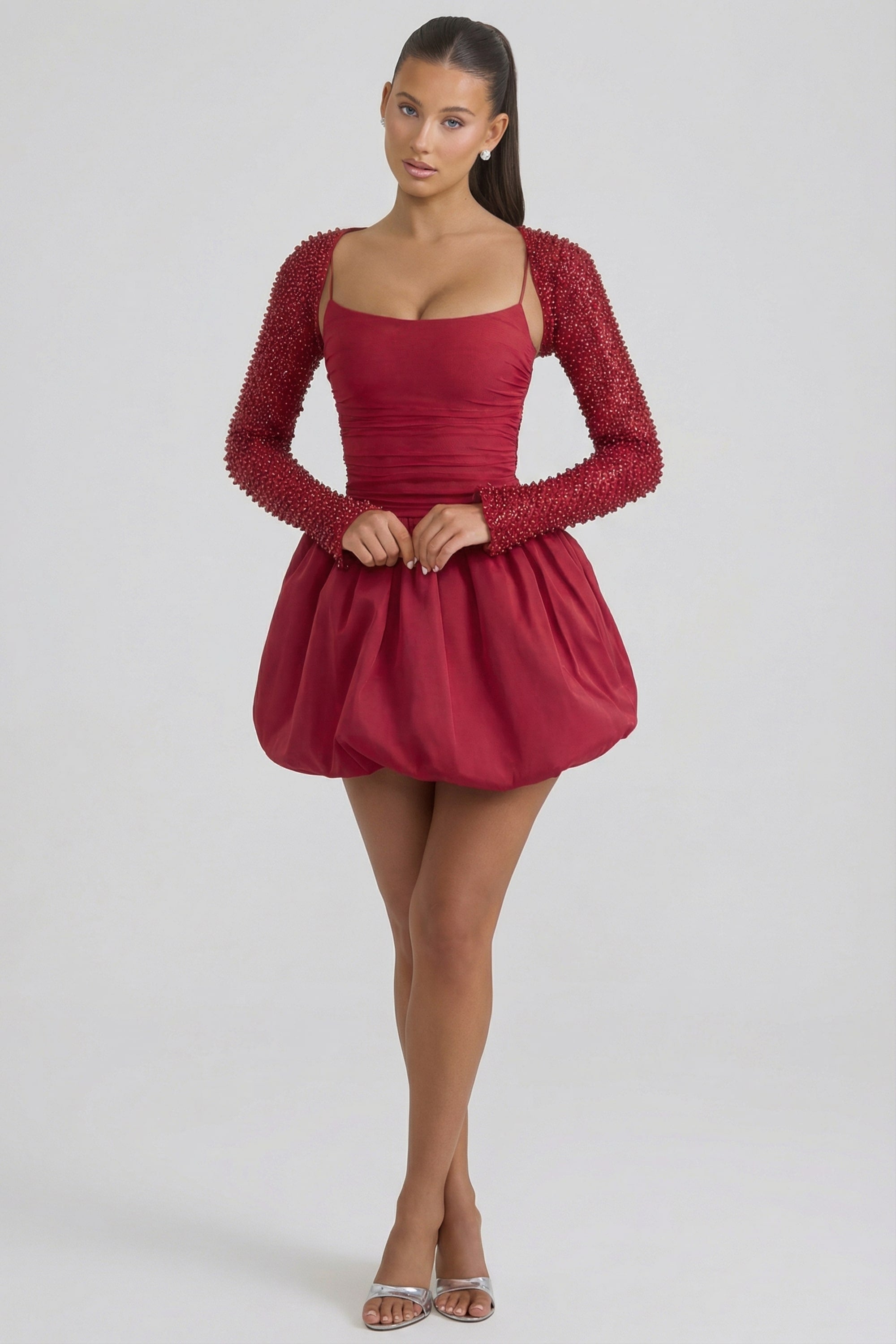 Embellished Bubble Hem Mini Dress in Red