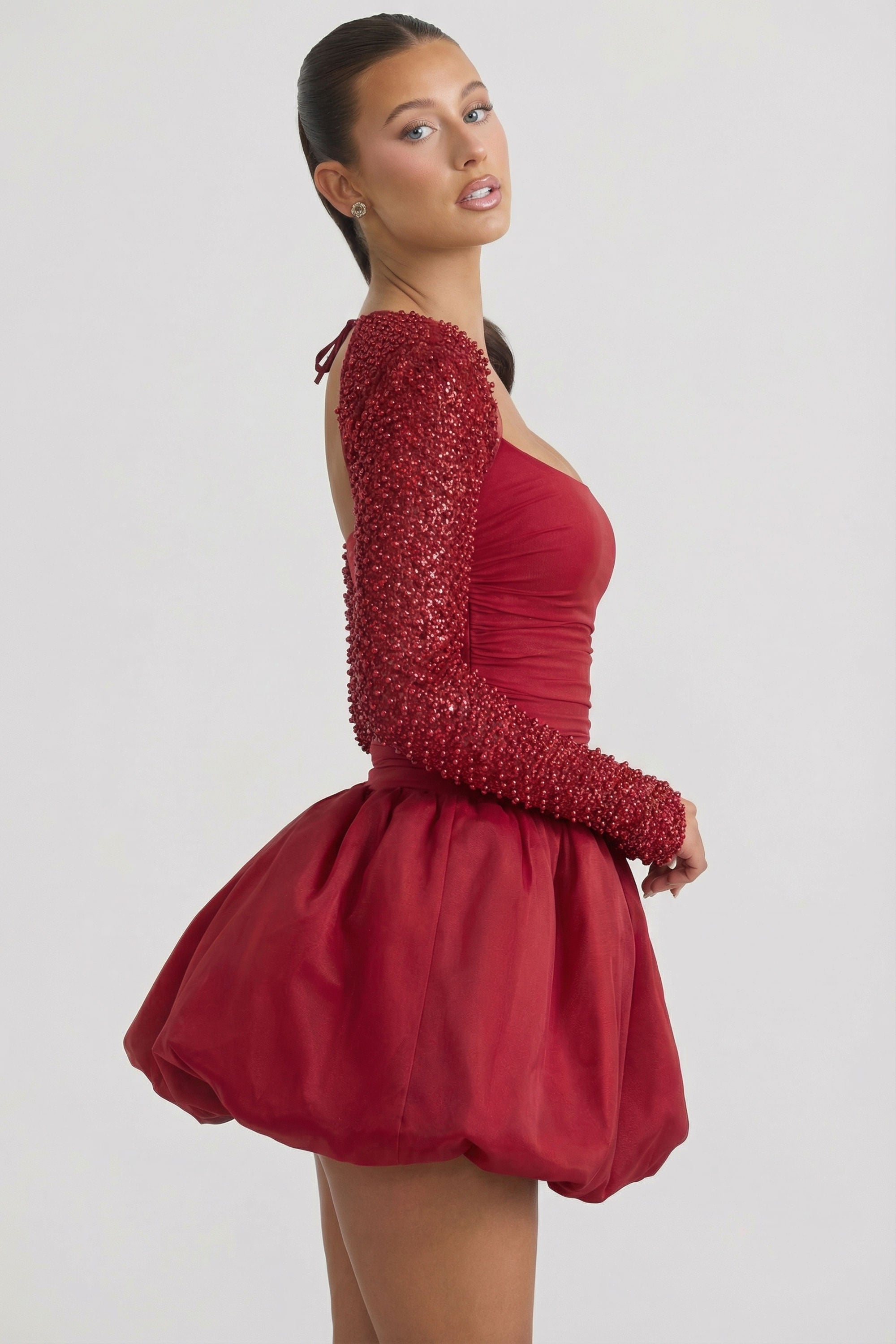 Embellished Bubble Hem Mini Dress in Red