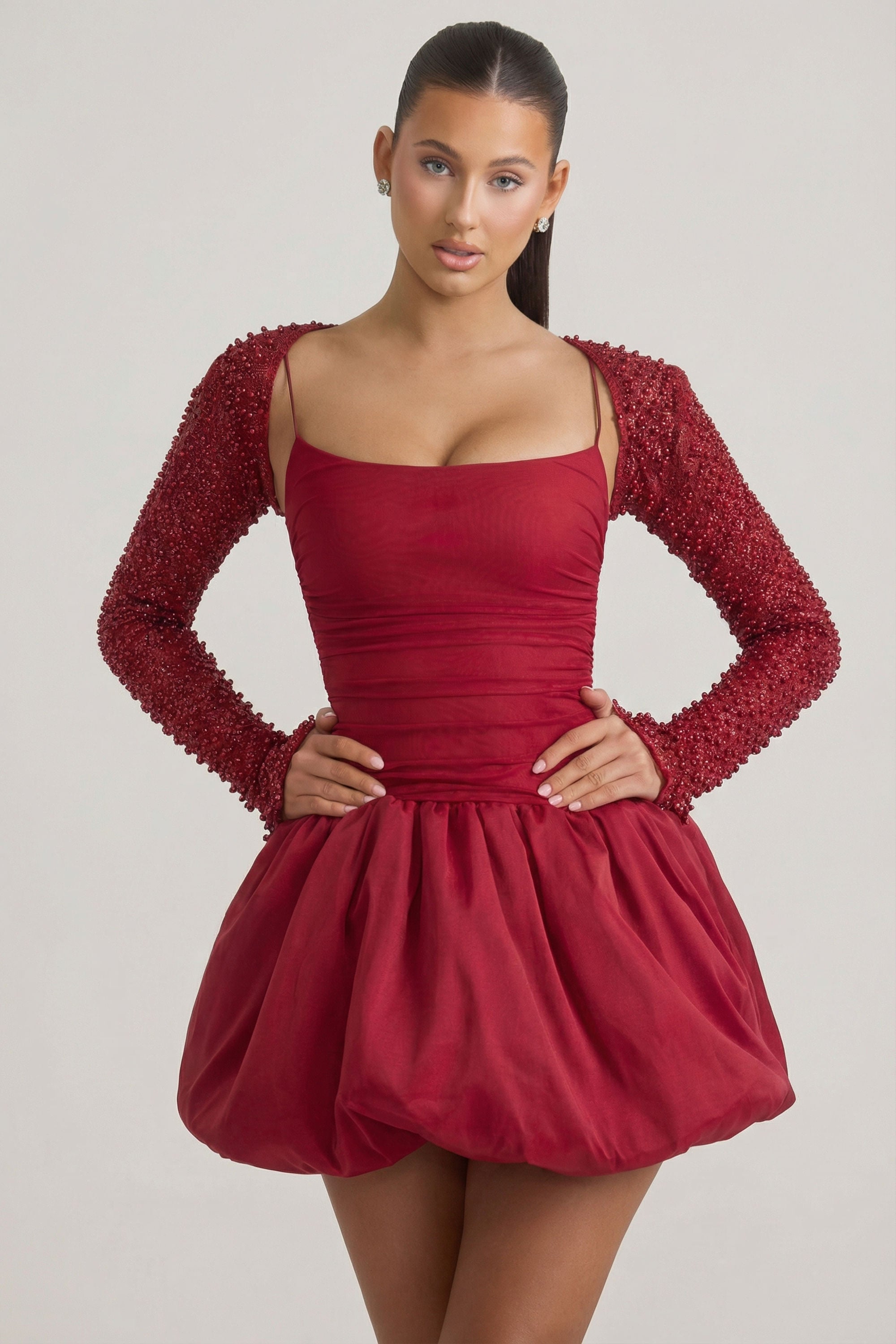Embellished Bubble Hem Mini Dress in Red