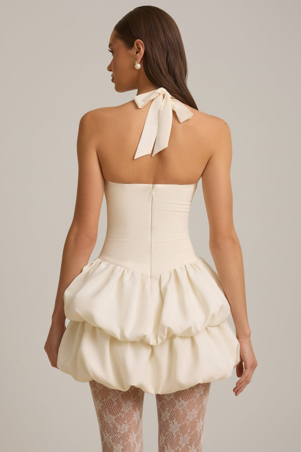 Halterneck Layered Bubble Hem Corset Mini Dress in Ivory