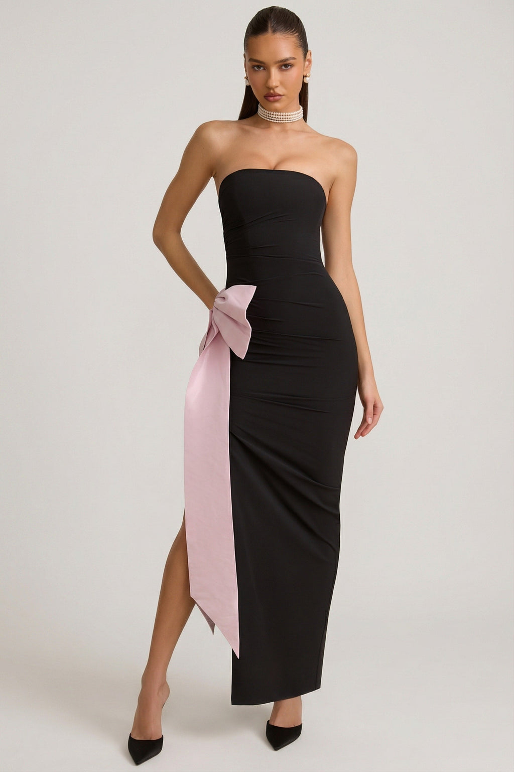 Strapless Bow-Detail Maxi Dress in Black