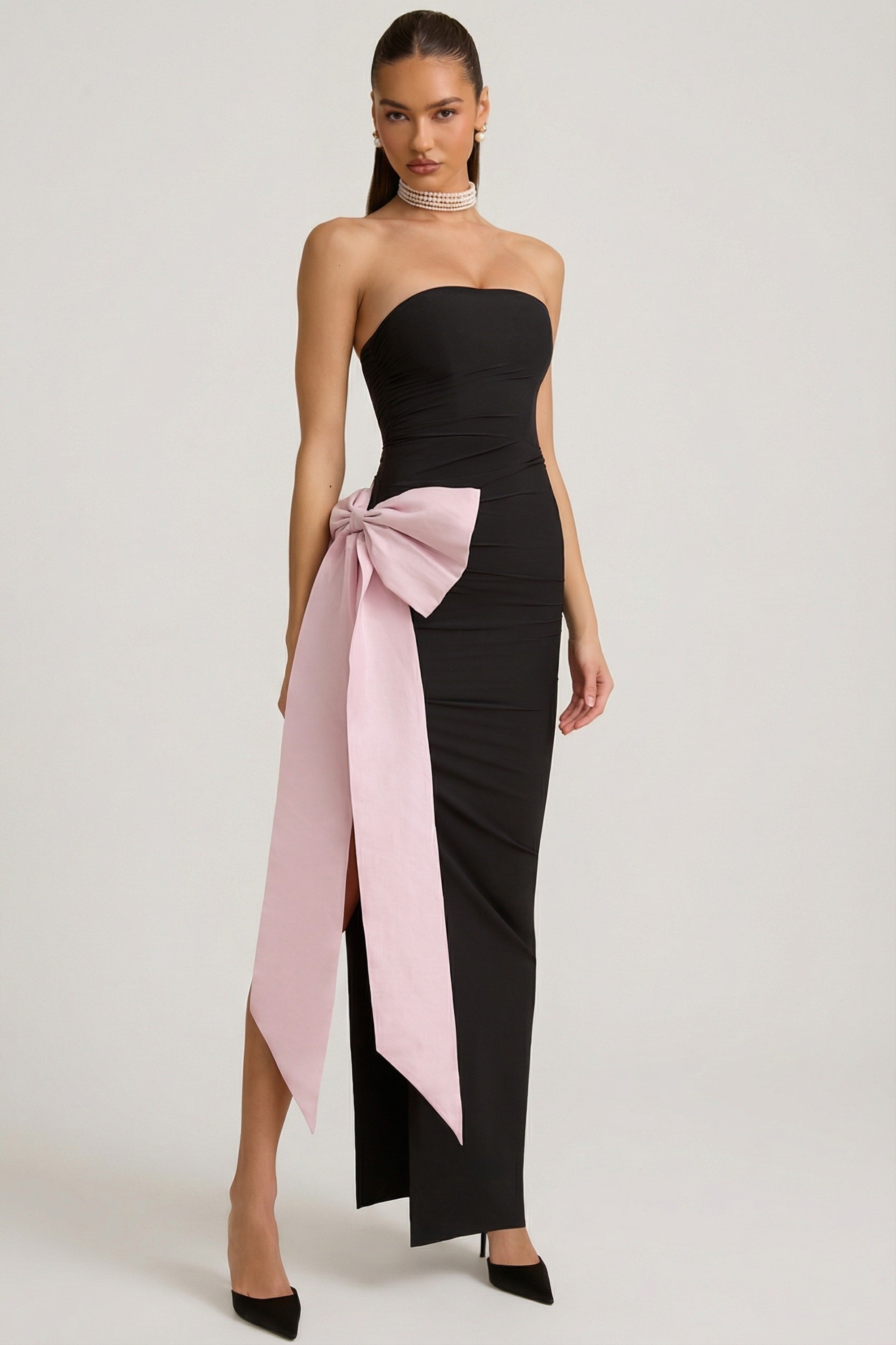 Strapless Bow-Detail Maxi Dress in Black