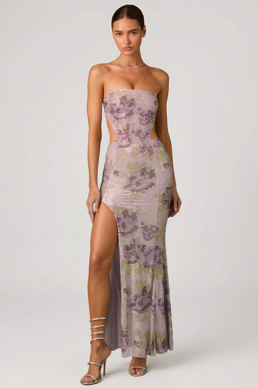 Embellished Cut-Out Fishtail Maxi Dress in Lilac