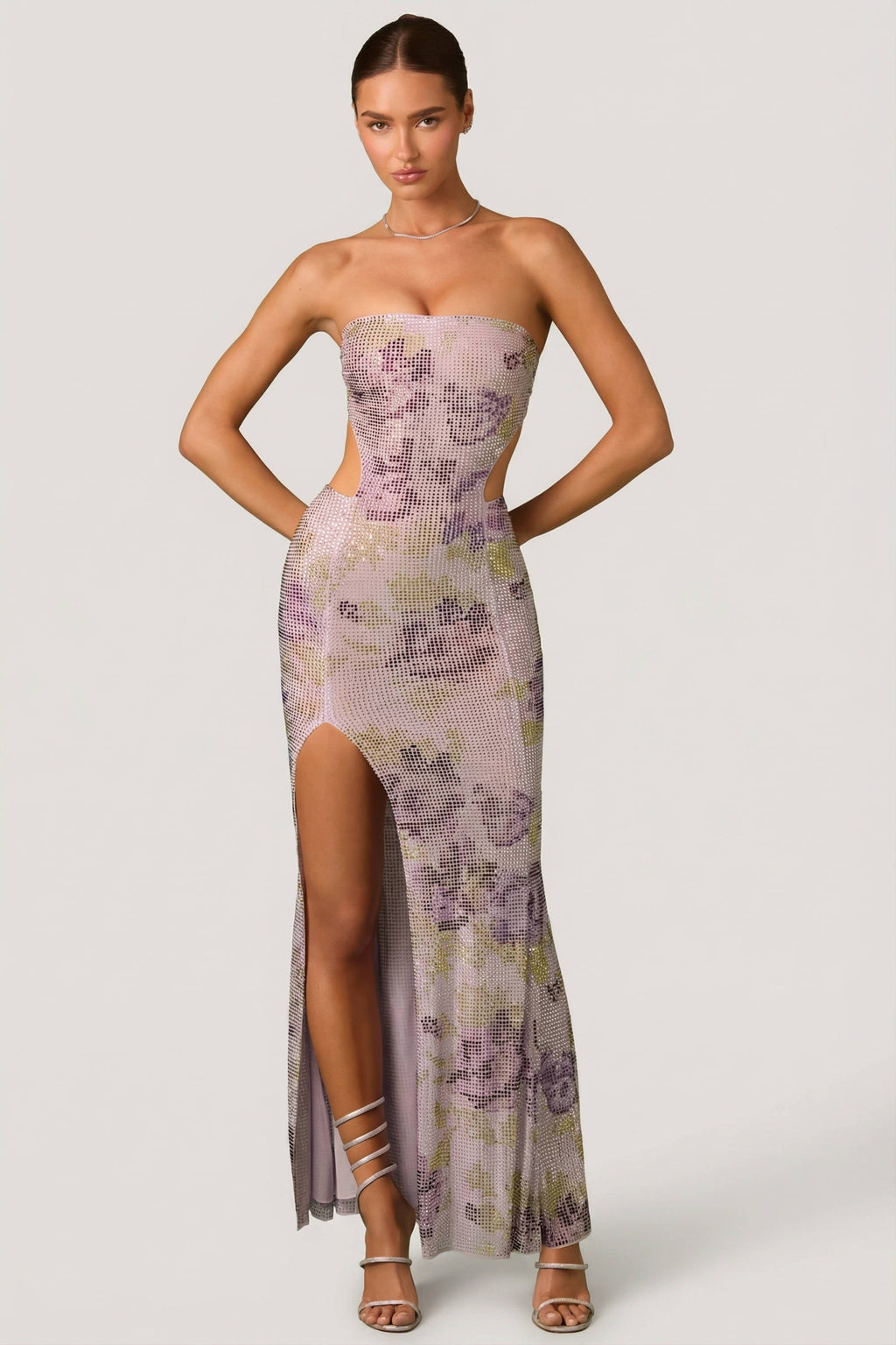 Embellished Cut-Out Fishtail Maxi Dress in Lilac