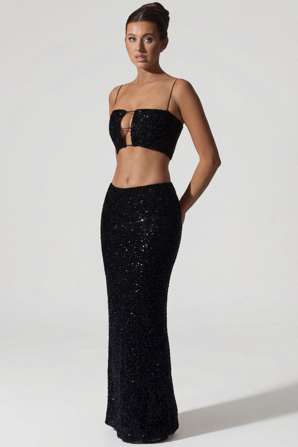 Embellished Cut-Out Crop Top in Black