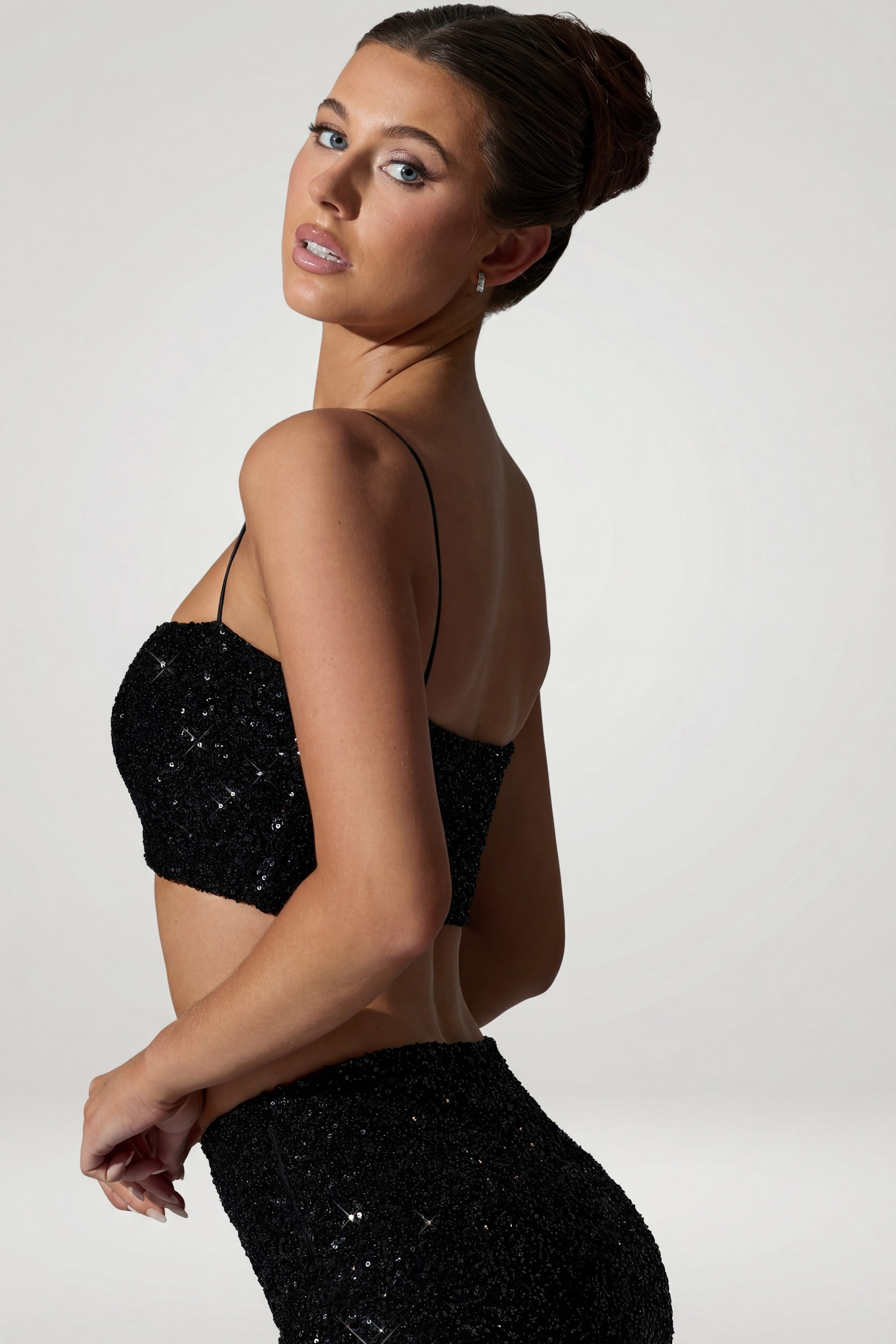 Embellished Cut-Out Crop Top in Black