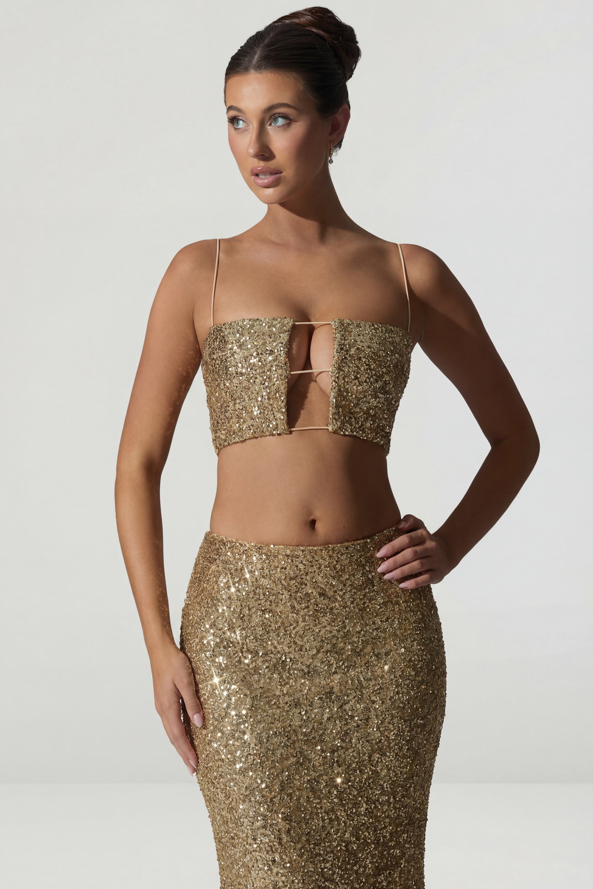 Embellished Cut-Out Crop Top in Gold