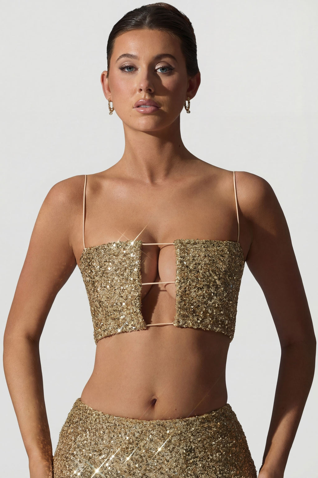 Embellished Cut-Out Crop Top in Gold
