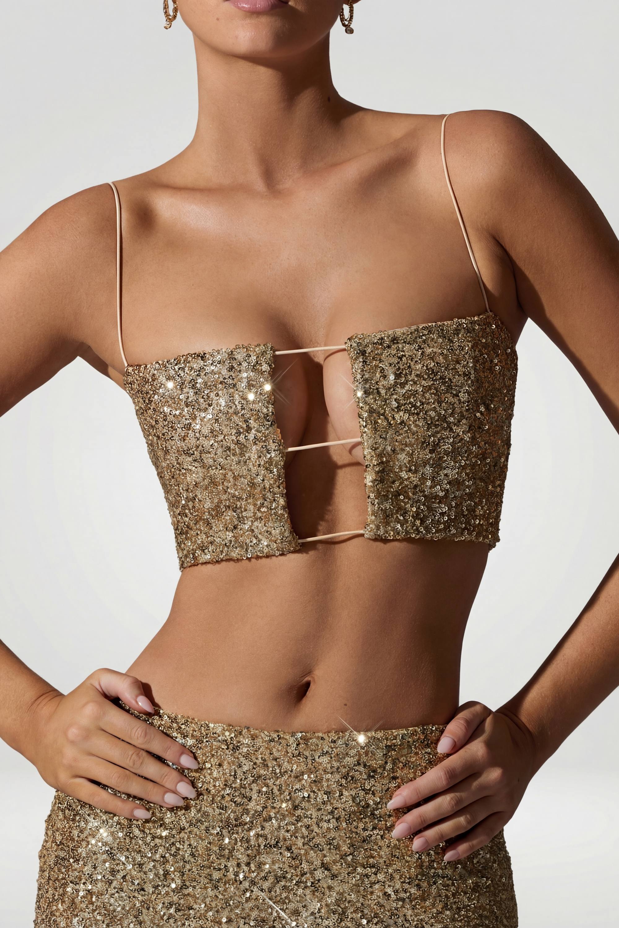 Embellished Cut-Out Crop Top in Gold