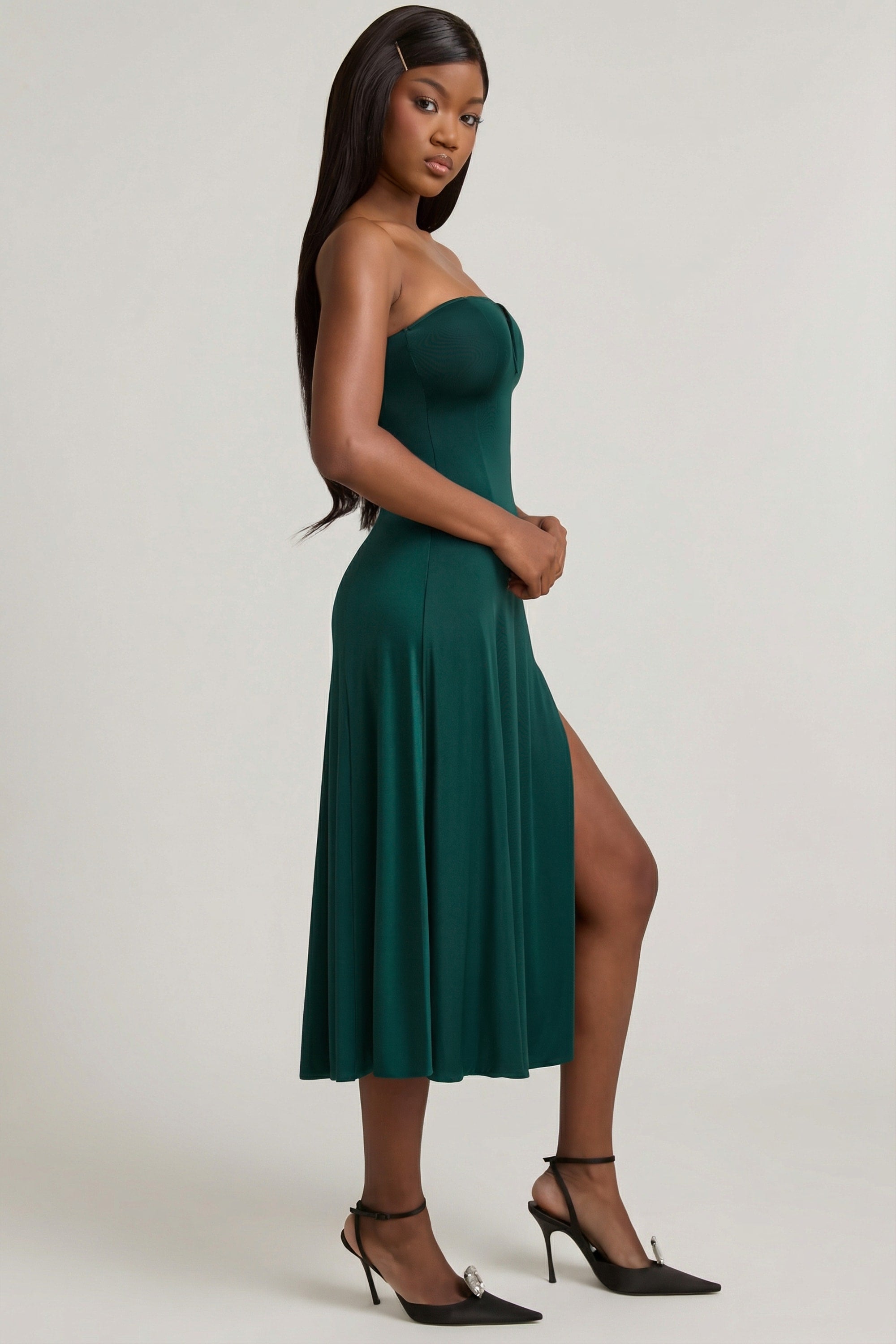 Slinky Jersey Strapless A-Line Midaxi Dress in Emerald Green
