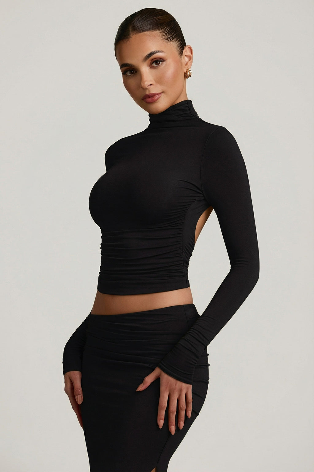 Modal Ruched Backless Turtleneck Top in Black