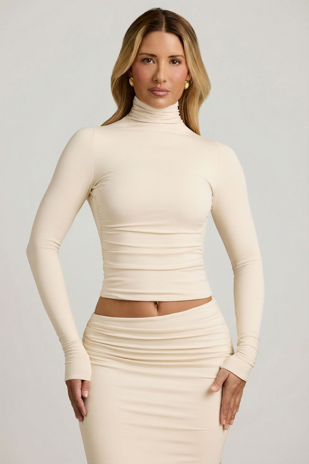 Modal Ruched Backless Turtleneck Top in Ivory