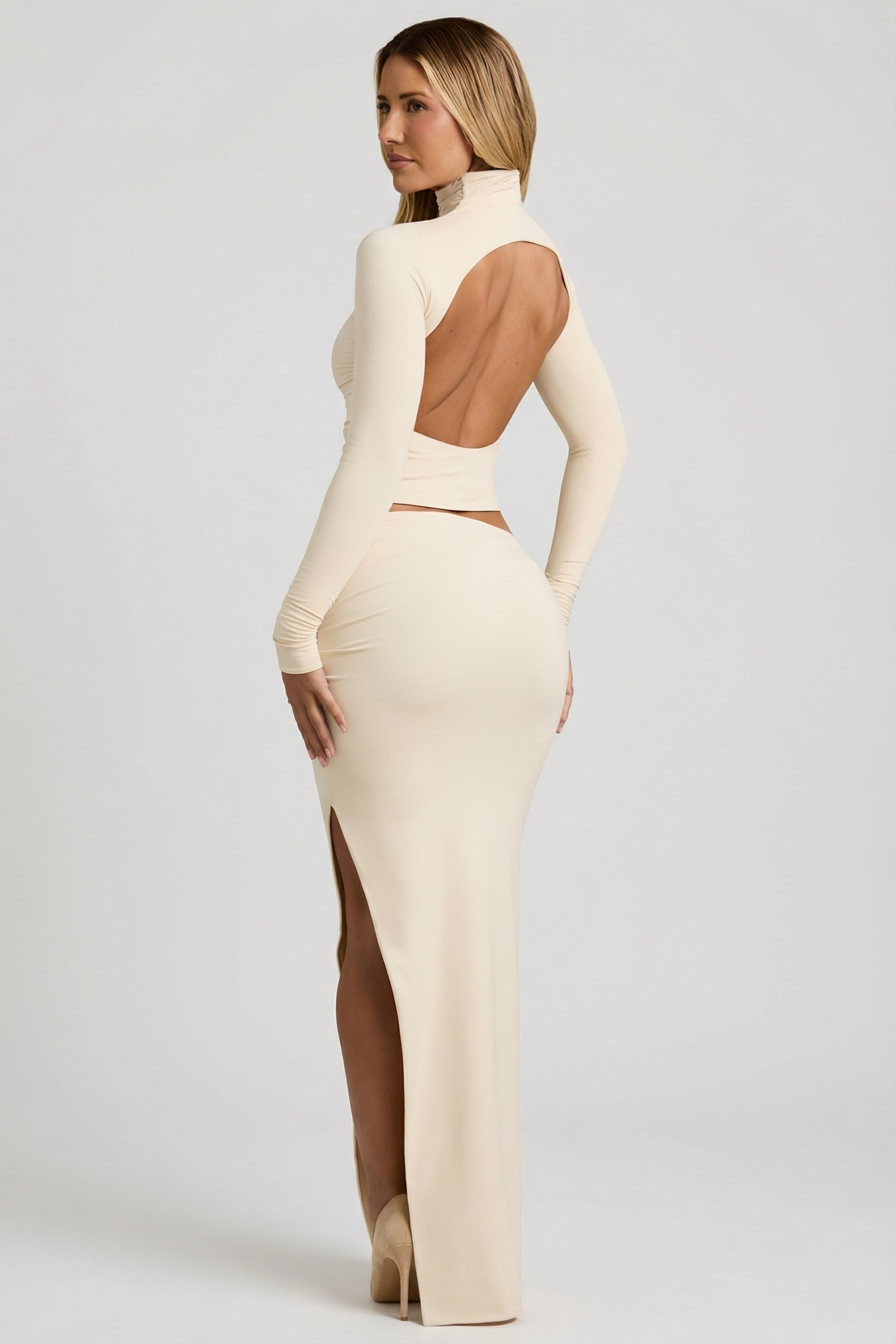 Modal Ruched Backless Turtleneck Top in Ivory